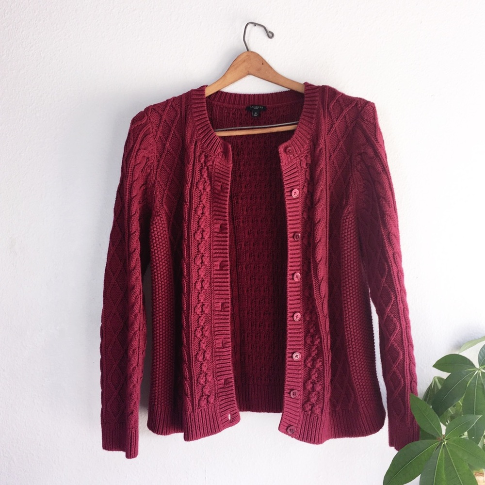 Talbots maroon chunky cable knit cardigan